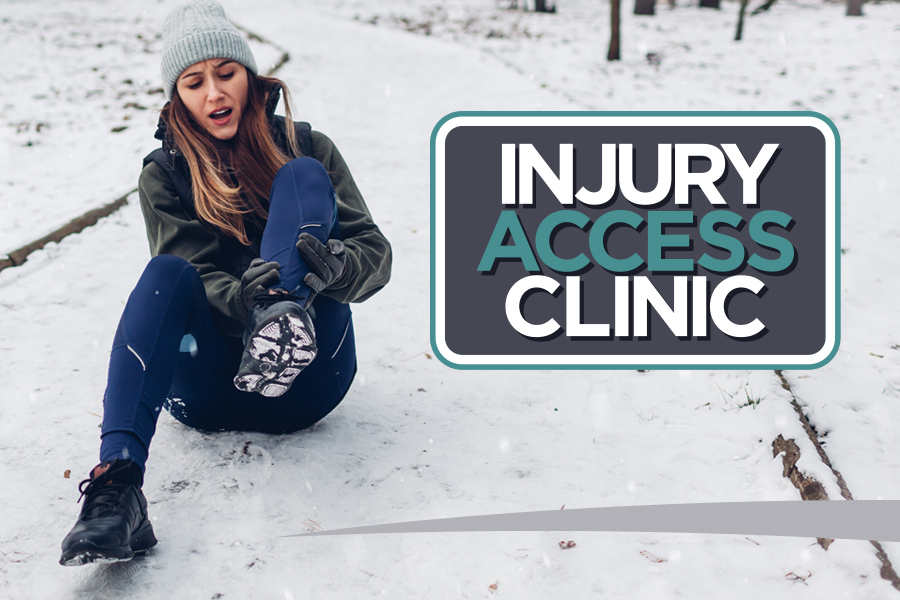 Injury Access Clinic logo - woman holding ankle on snowy sidewalk